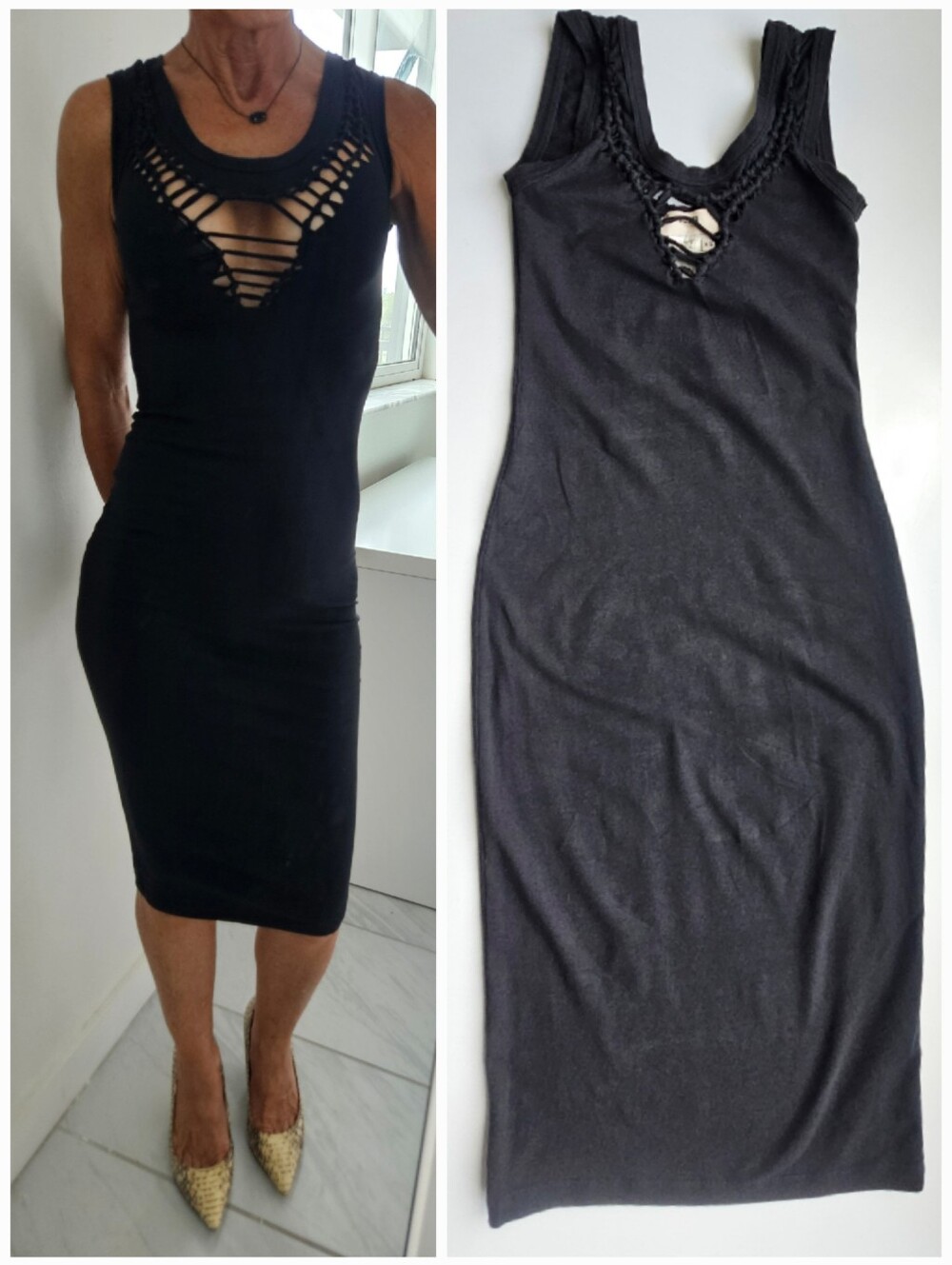 Fuzzi Black Laddered Cut Out Form Fitting Mid Length Cotton Edgy Dress